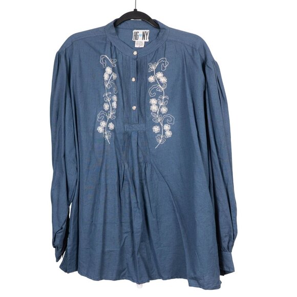 Y2K Embroidered Tunic Blouse M Linen Floral Pleated Button 90s Boho Layering Top - Picture 1 of 6
